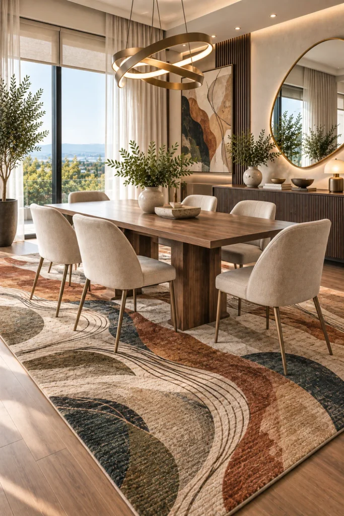 Modern abstract dining room with an artistic patterned rug, sculptural dining furniture, contemporary chandelier, mirror, and elegant luxury decor.