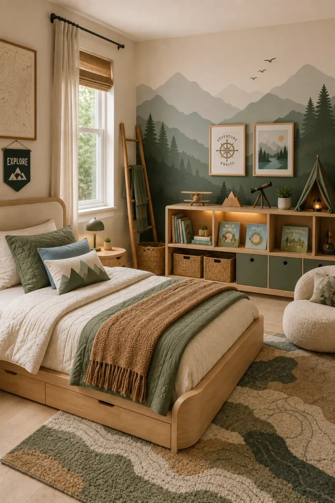 Modern adventure-themed kids’ room with mountain-inspired decor, warm natural wood, sage green, earthy accents, concealed storage, and clutter-free 2026 styling.