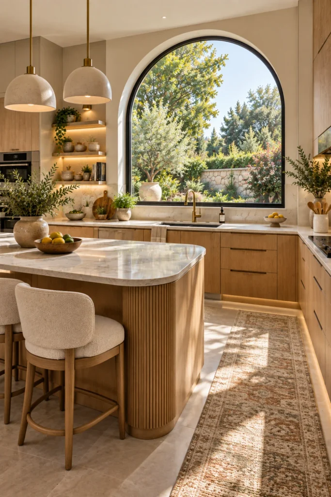 Elegant modern kitchen with a large arched window, warm oak cabinetry, cream stone surfaces, contemporary lighting, natural greenery, and sophisticated luxury decor.