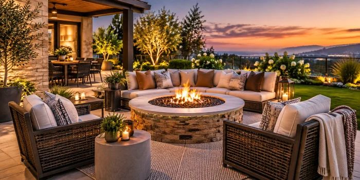 Modern outdoor firepit design with a stylish built-in fire pit, cozy seating, warm ambient lighting, and elegant landscaping for an inviting backyard space.