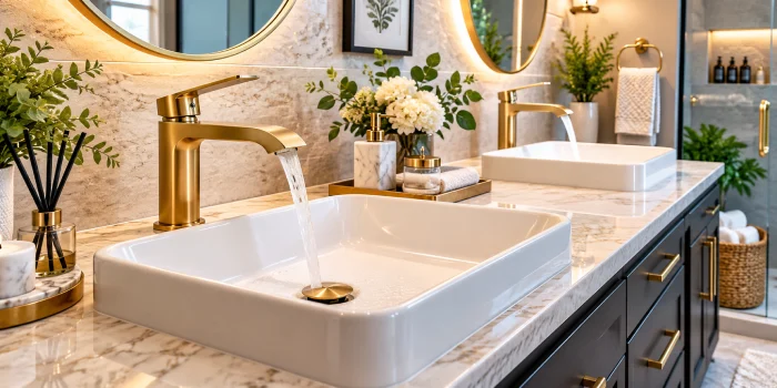 Modern bathroom faucets with elegant gold finishes on a stylish marble vanity with white vessel sinks