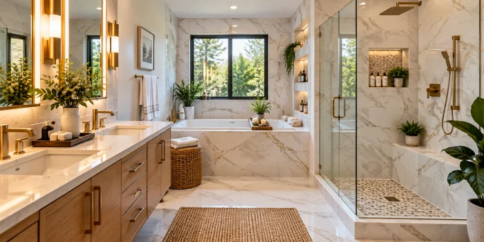 Modern bathtub shower tile ideas in a stylish luxury bathroom with marble tiles, glass shower enclosure, freestanding tub, and warm gold fixtures.