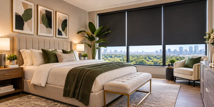 Modern bedroom with elegant blackout blinds on large windows, warm natural light, layered neutral decor, plush bedding, and a polished contemporary makeover.