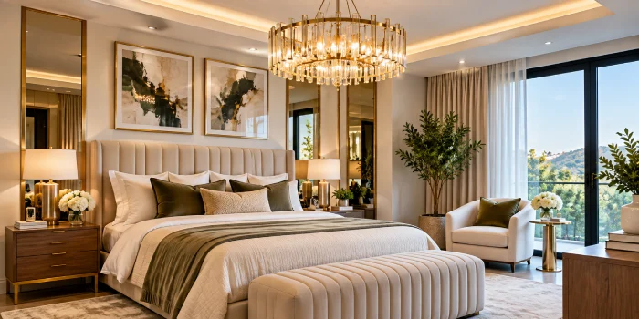 Elegant modern bedroom with a statement chandelier, layered lighting, neutral luxury decor, and stylish contemporary bedroom design.