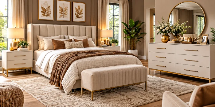 Modern bedroom featuring a coordinated nightstand and dresser set with cream finishes, gold accents, elegant decor, and a stylish upholstered bed.