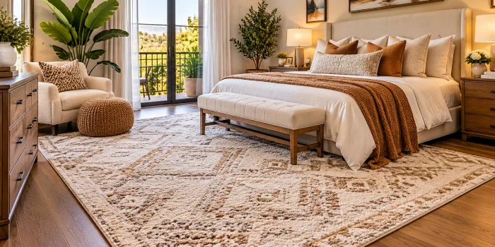 Modern cozy bedroom featuring a large washable neutral patterned rug, upholstered bed, warm wood flooring, natural lighting, and stylish contemporary decor.