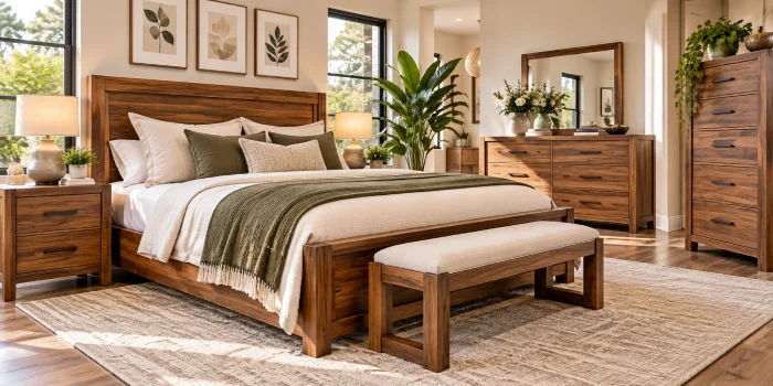 Modern bedroom featuring a solid wood furniture set with a stylish wooden bed frame, matching nightstands, dresser, tall chest, soft neutral bedding, and warm natural decor.