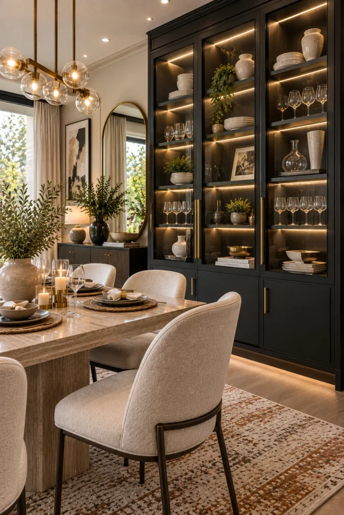 Modern black dining room display cabinet with illuminated glass shelves, cream dining furniture, brass accents, luxurious rug, chandelier, and contemporary decor.