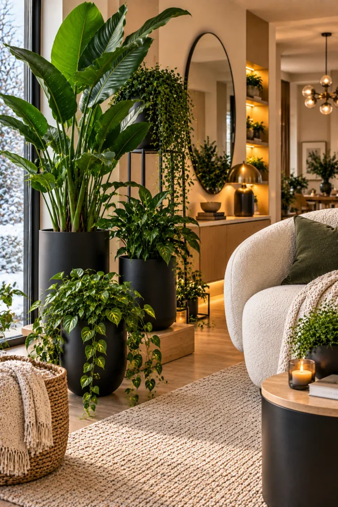 Modern black planters with vibrant green foliage in a sophisticated contemporary winter garden featuring cream furniture, wood accents, mirrors, and warm lighting.