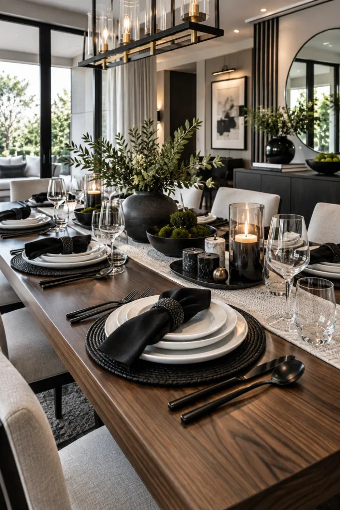 Modern black and white dining table setting with crisp white dinnerware, black accents, sculptural décor, glassware, and contemporary luxury interiors.