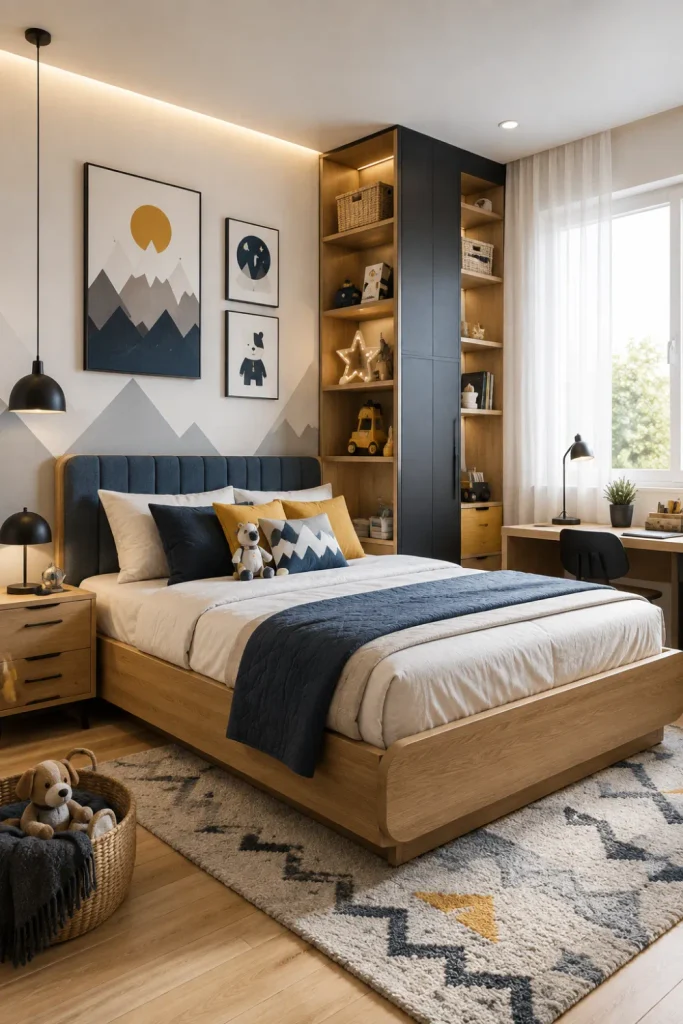 Modern black, white, and natural wood boy’s bedroom with a stylish contemporary bed, warm lighting, smart storage, and colorful kid-friendly decor.