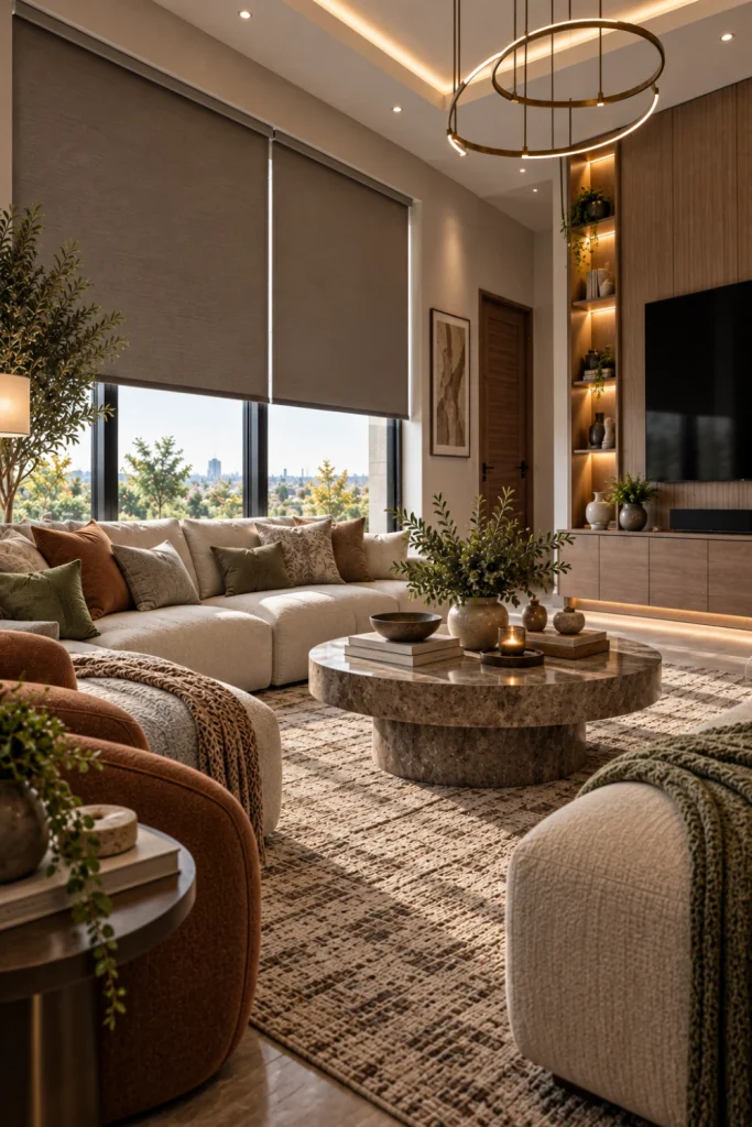 Modern blackout roller blinds in a luxurious contemporary living room with a wall-mounted TV, textured rug, warm cabinet lighting, and elegant neutral furnishings.