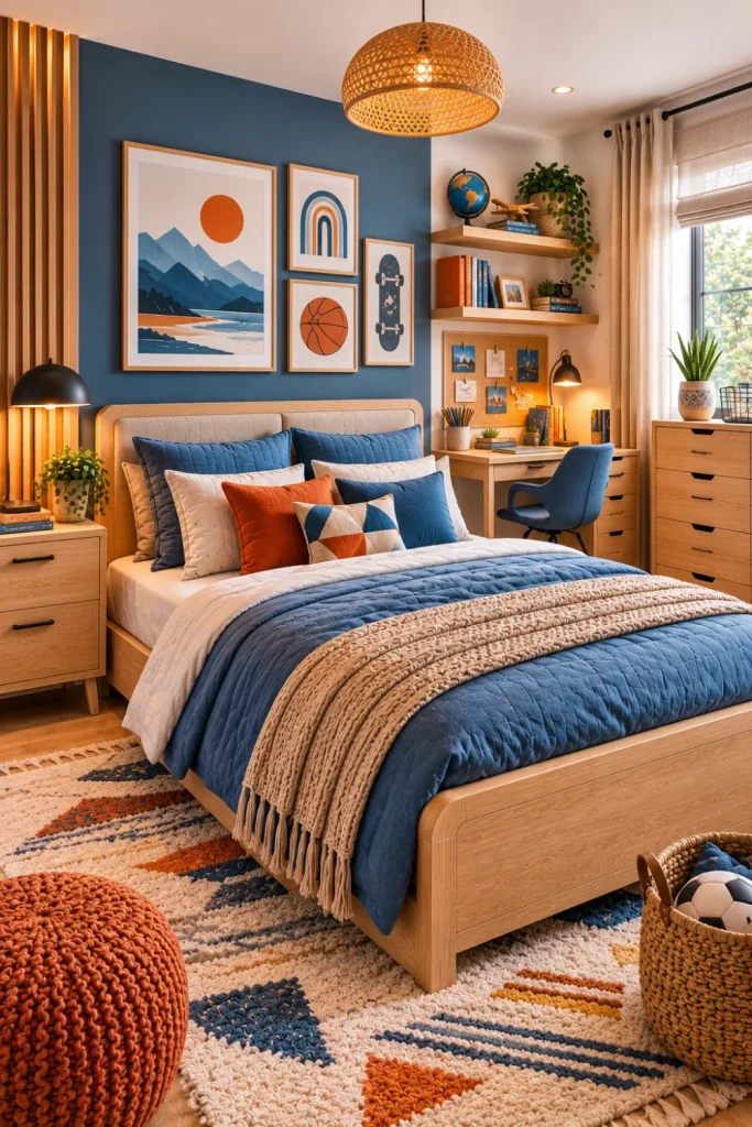Modern blue and terracotta boy’s bedroom with natural wood furniture, warm neutral textiles, stylish bedding, contemporary lighting, and 2026 decor.