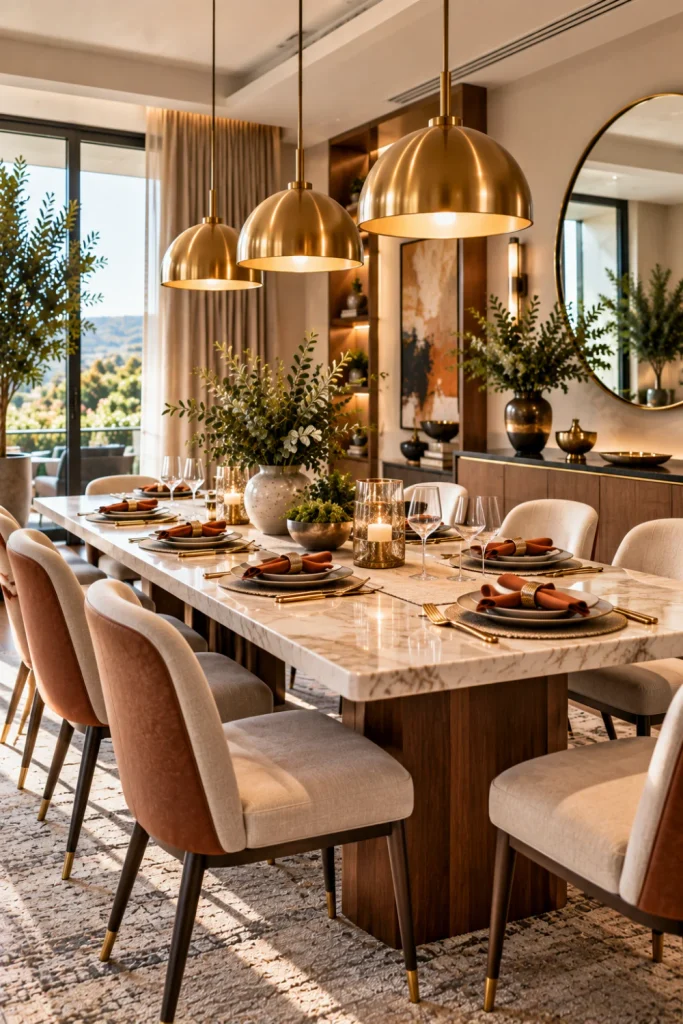 Modern brass pendant light over an elegant contemporary dining table with warm wood, marble, neutral décor, and luxurious metallic accents.