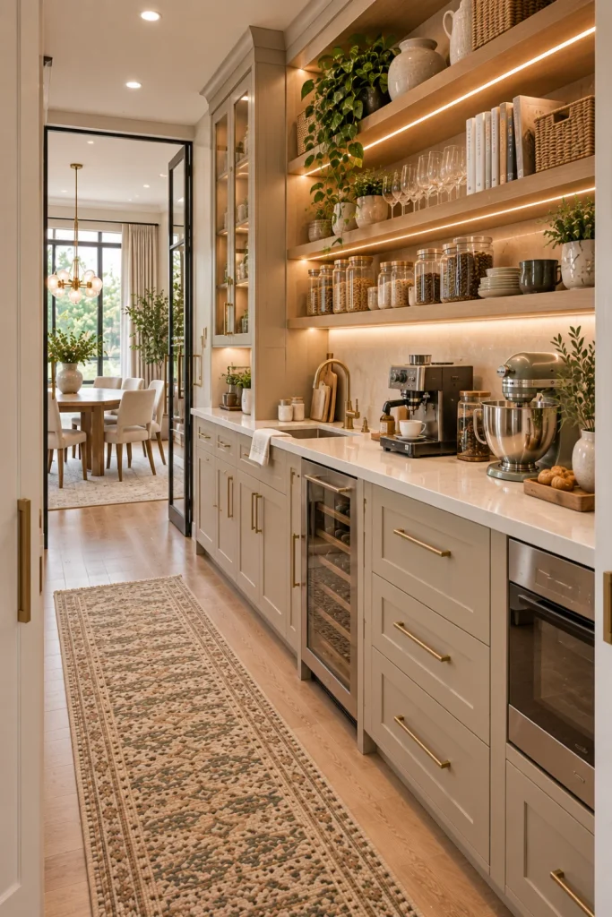 Modern butler pantry with continuous cabinetry, open oak shelving, coordinated containers, appliance storage, task lighting, elegant countertops, and contemporary kitchen design.