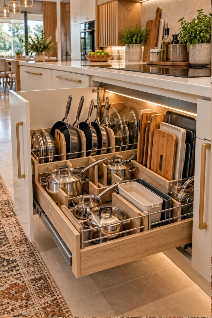 Modern kitchen cabinet organizer with pull-out racks and vertical dividers neatly storing pots, pans, lids, and baking trays inside warm cream and wood cabinetry.