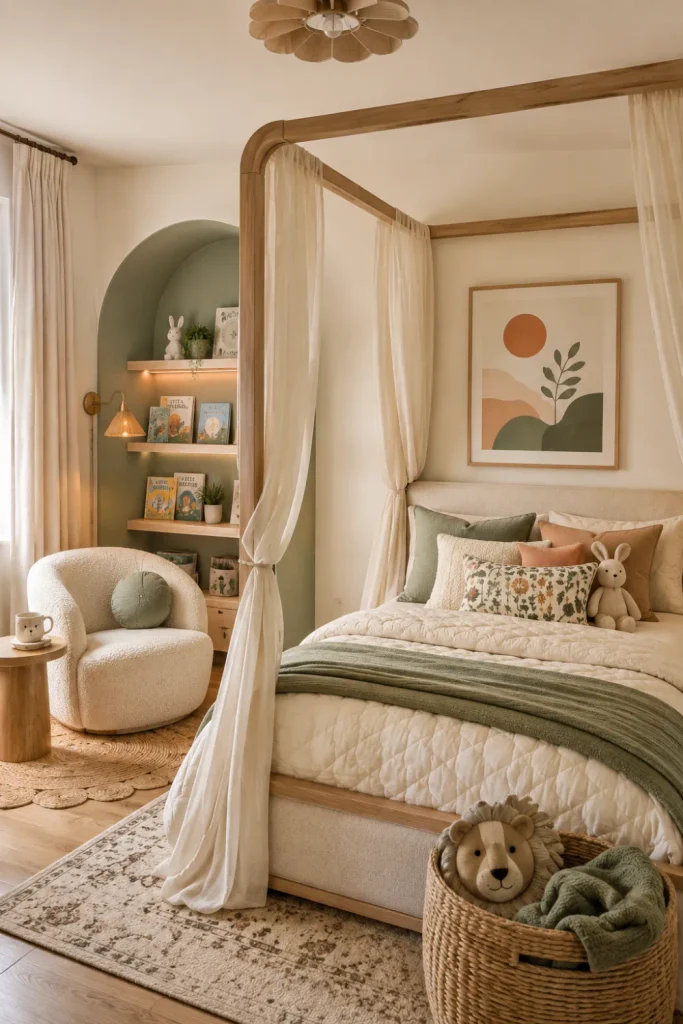 Modern kids’ room with a stylish canopy bed, cozy reading corner, soft sage and cream palette, contemporary furniture, and layered textiles.