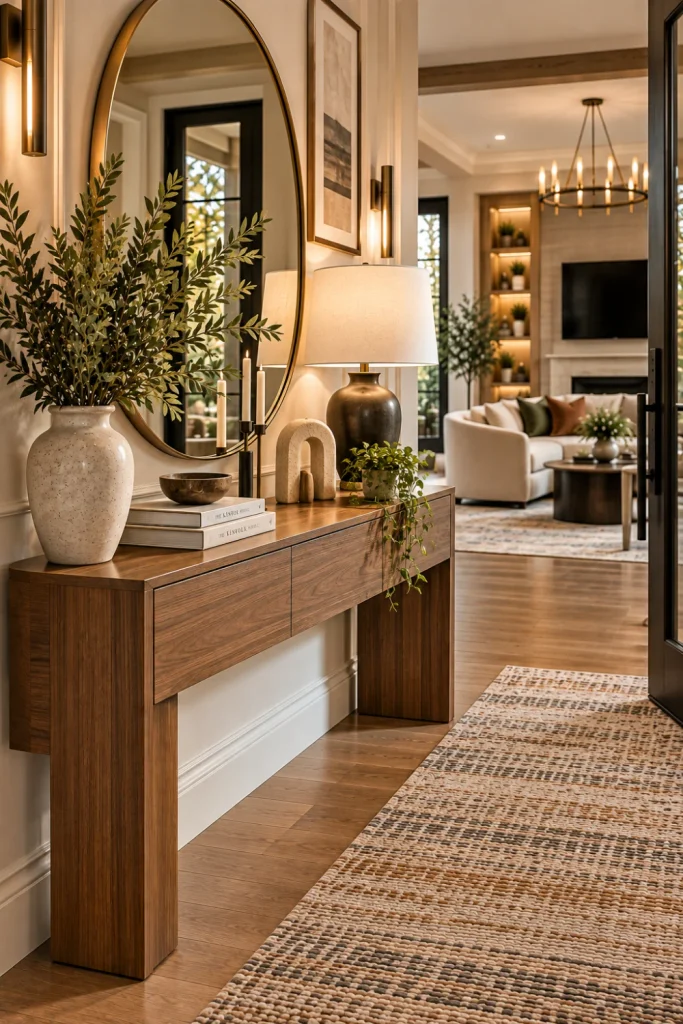 Modern console table styled with layered decor, sculptural vase, lamp, books, greenery, oversized mirror, textured rug, and luxury contemporary foyer details.