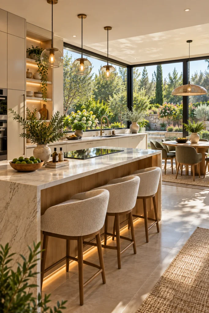 Contemporary open-plan kitchen with wraparound corner windows, warm wood cabinetry, cream finishes, garden views, modern lighting, elegant furnishings, and abundant natural daylight.