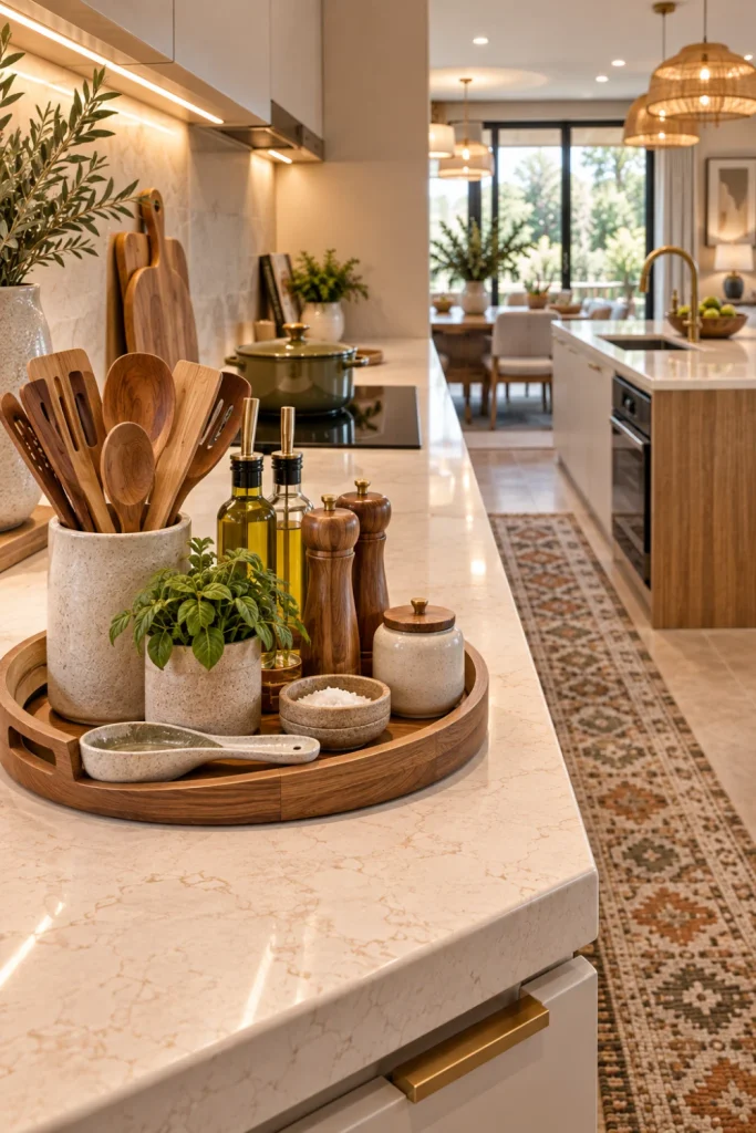 Clean modern kitchen countertop with a coordinated organizer holding utensils, oils, seasonings, and essential items, surrounded by cream cabinetry, warm wood, elegant lighting, and contemporary decor.
