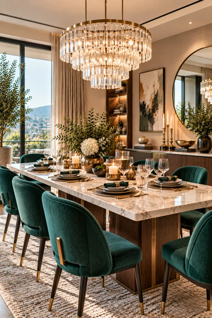 Modern crystal chandelier above an elegant contemporary dining table with luxurious neutral décor and vibrant accents.