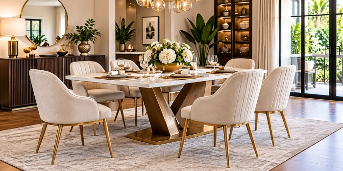 Modern dining room featuring elegant upholstered chairs, a marble dining table, warm wood accents, gold details, greenery, and stylish contemporary decor.