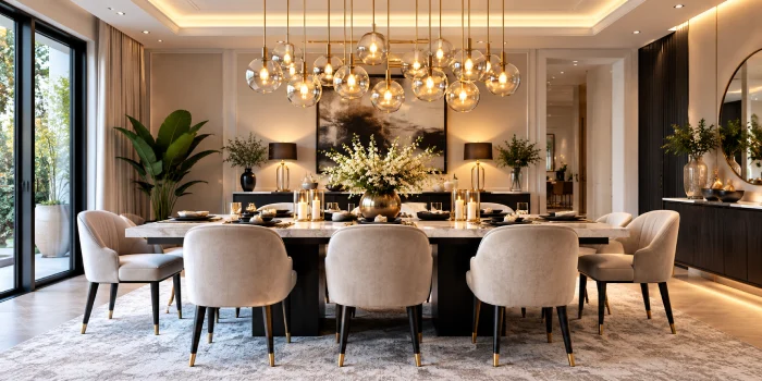 Modern contemporary chandelier ideas for an elegant dining room with a marble table, neutral upholstered chairs, warm lighting, and refined decor.