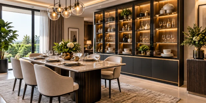 Best modern dining room display cabinet design featuring illuminated glass-front cabinetry, warm wood interiors, elegant table styling, neutral upholstered chairs, and sophisticated contemporary decor.