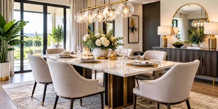 Modern dining room sets with a stylish dining table, contemporary chairs, elegant lighting, warm natural tones, and sophisticated decor in a bright upscale interior.