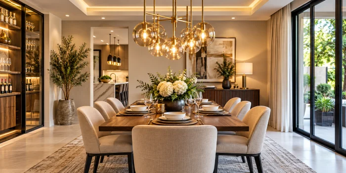 Modern dining room with a sculptural contemporary pendant light above a sleek dining table, warm wood accents, elegant chairs, soft natural light, and stylish layered lighting.
