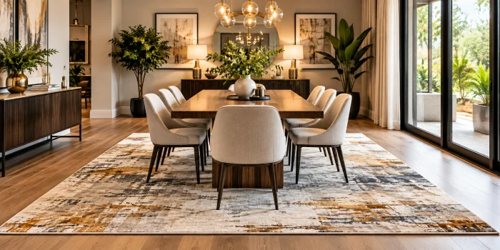 Modern dining room featuring a large neutral patterned rug beneath a warm wood dining table, upholstered cream chairs, brass globe chandelier, greenery, and elegant contemporary decor.