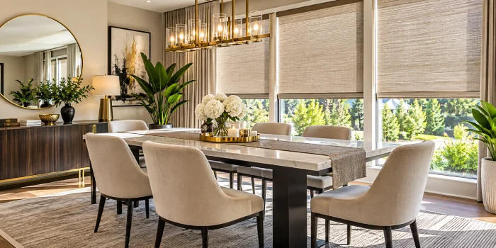 Modern dining room with elegant neutral shades, large windows, contemporary furniture, warm natural light, luxury décor, and stylish window treatment ideas.