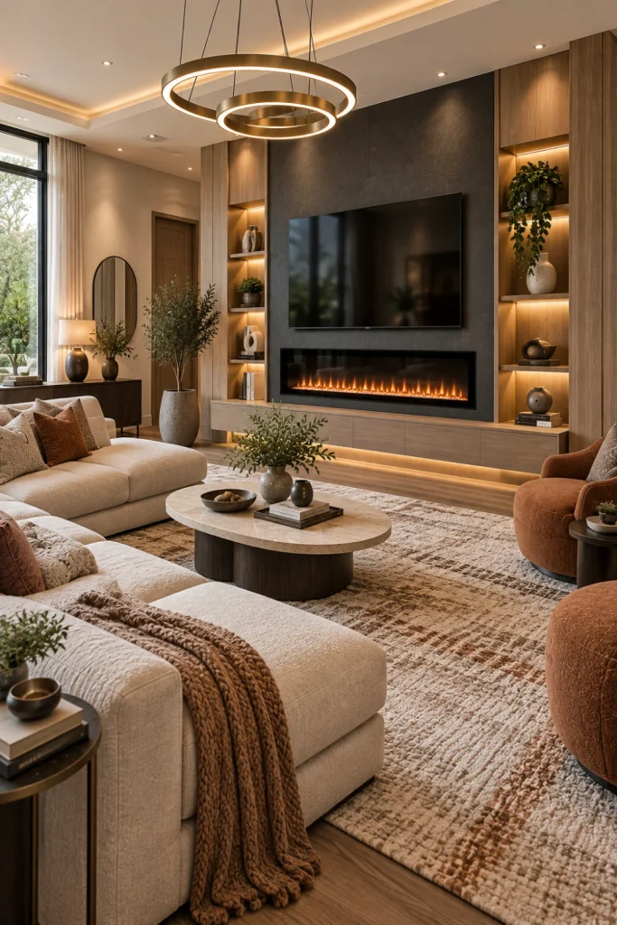 The modern electric fireplace and wall-mounted TV feature a wall with floating cabinets, warm lighting, a sectional sofa, a luxury rug, and a smart contemporary living room layout.