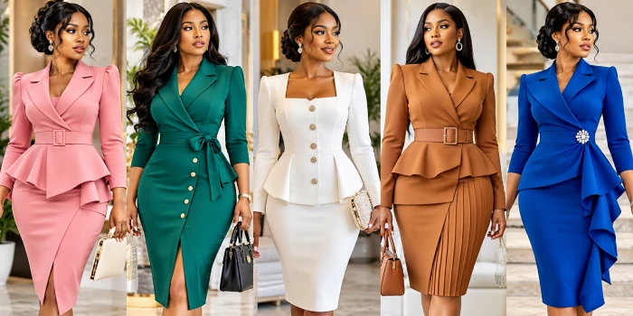 Modern elegant women's tailored dress sewing designs featuring sophisticated structured dresses in vibrant colors and polished contemporary styles