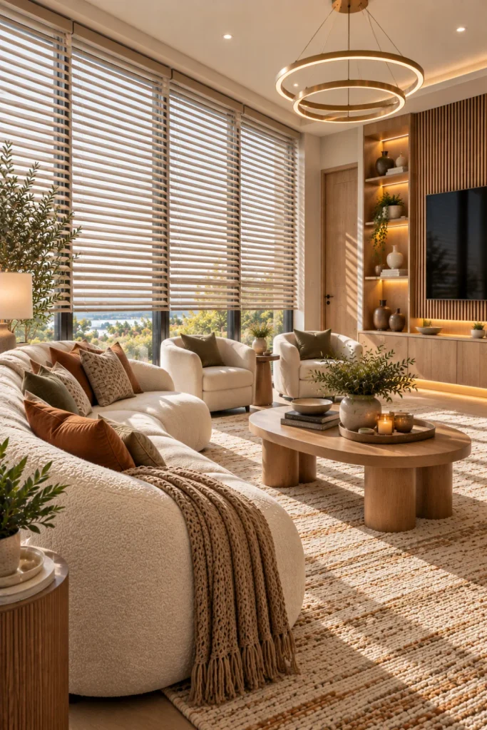 Elegant contemporary living room with wide-slat matte faux wood blinds across large windows, cream boucle sofa, oak and walnut tables, textured area rug, fluted TV wall, illuminated cabinets, and modern luxury decor.