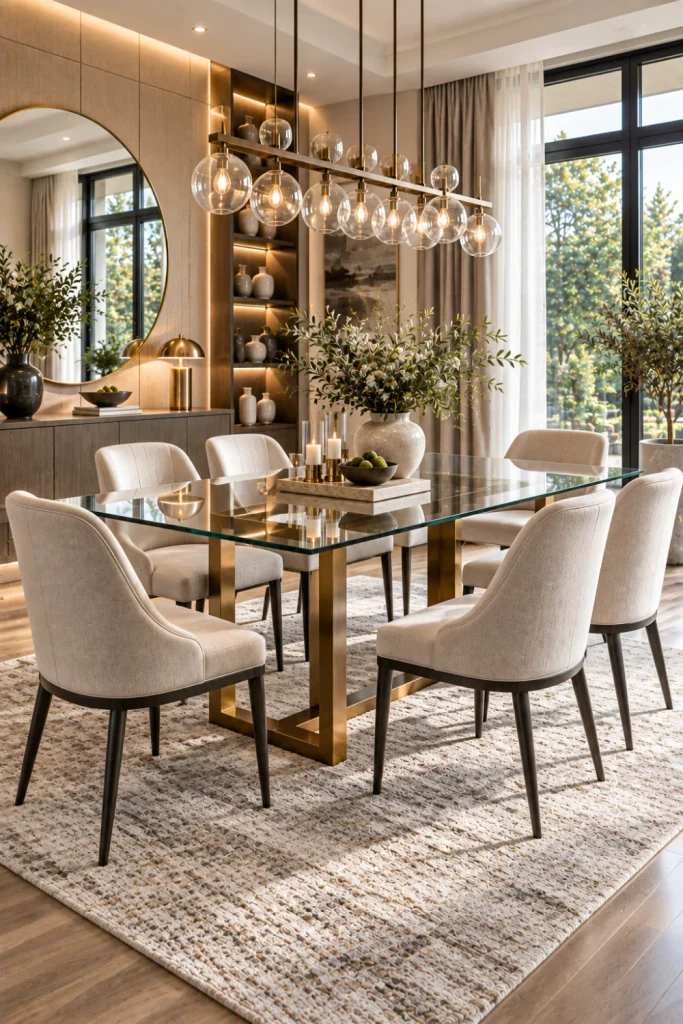 Modern glass dining room set with sleek transparent tabletop, upholstered chairs, contemporary chandelier, mirror, and airy luxury décor.