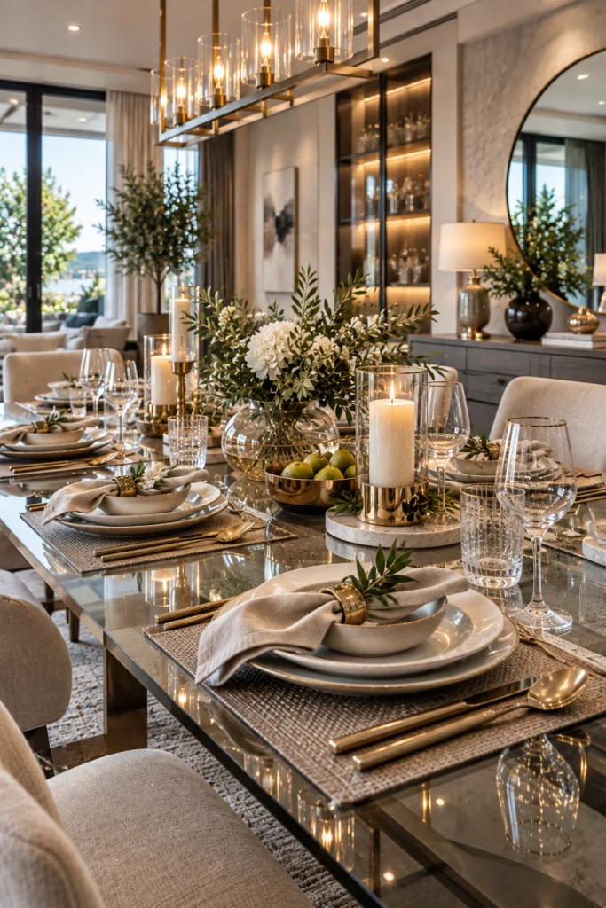 Modern glass and metallic dining table setting with elegant glassware, polished accents, contemporary dinnerware, greenery, and luxury décor.