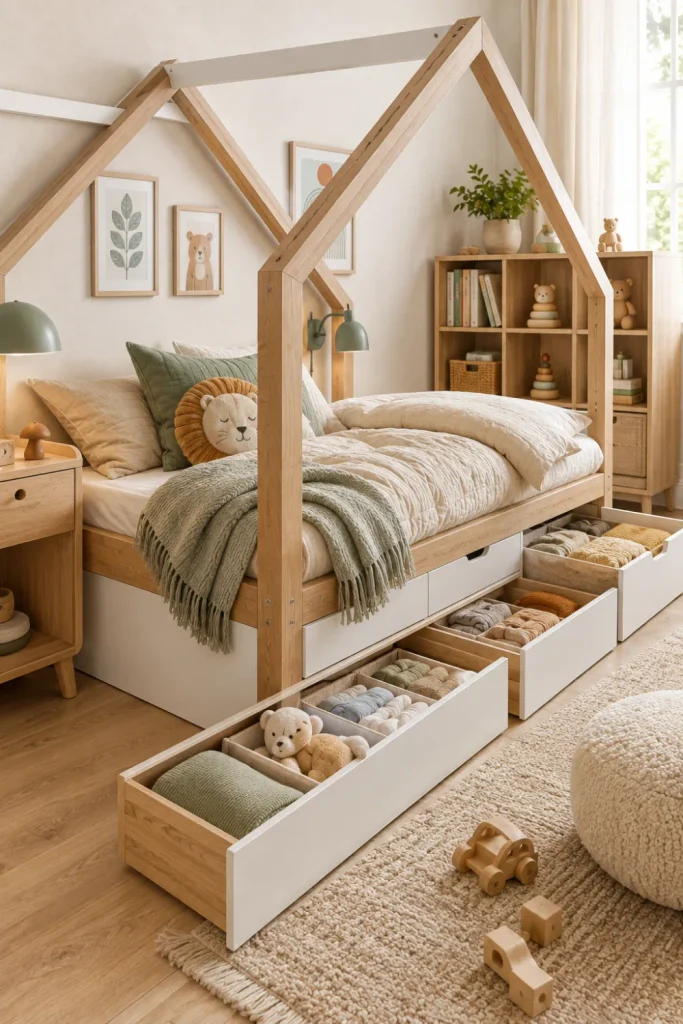 Modern house bed with built-in under-bed storage drawers, organized toys and blankets, and chic contemporary kids’ room decor.