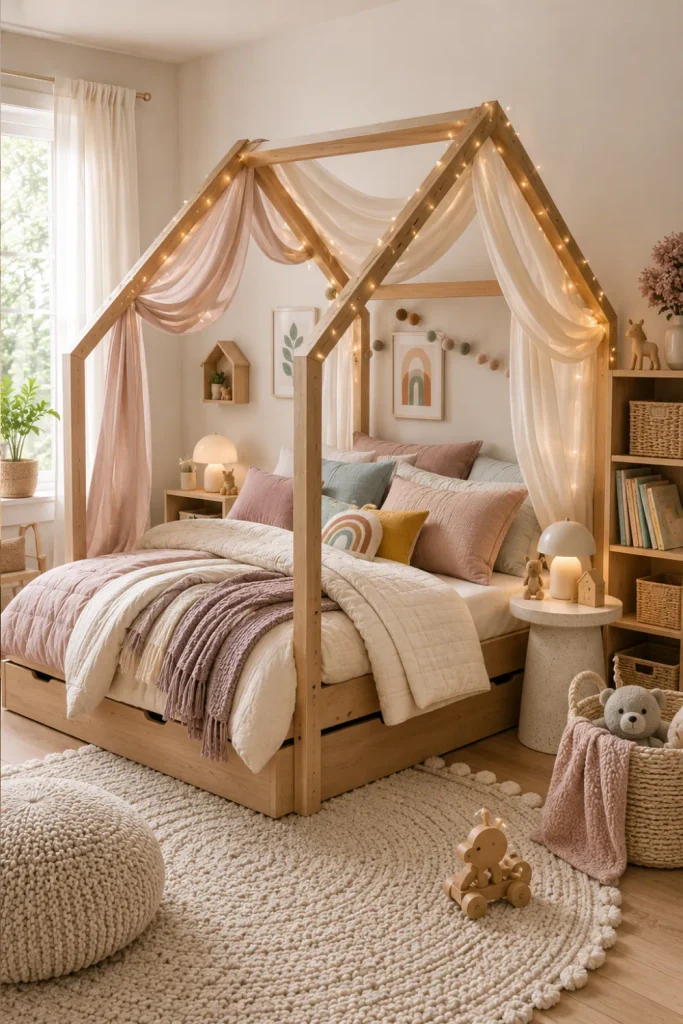Dreamy modern house bed with lightweight canopy fabric, subtle fairy lights, layered bedding, and chic colorful kids’ bedroom decor.