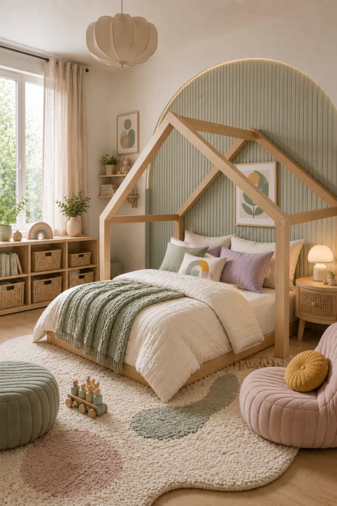 Designer-inspired modern kids’ bedroom with a contemporary house bed, coordinated furniture, neutral colors, colorful accents, stylish lighting, and curated decor.