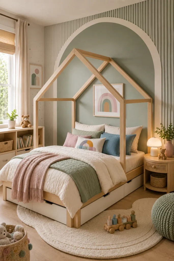 Modern natural-wood house bed against a stylish arched feature wall with contemporary artwork, colorful accents, and sophisticated kids’ room decor.