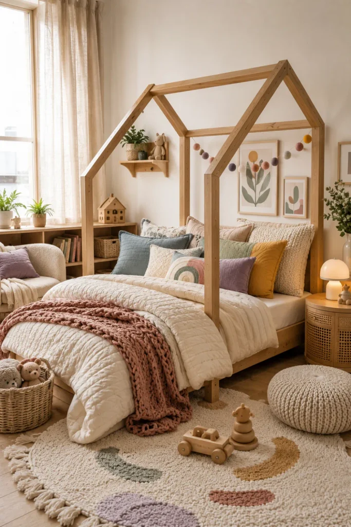 Cozy modern house bed with layered quilt, knitted throw, textured rug, cushions, soft curtains, and colorful 2026 kids’ room decor.