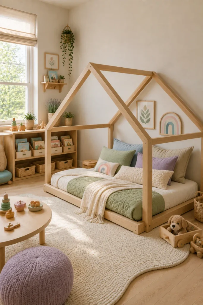 Low-profile Montessori-inspired modern house bed in an accessible kids’ room with natural wood furniture, colorful accents, and organized decor.