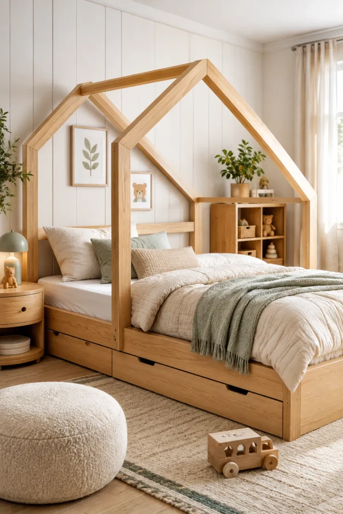 Minimalist natural wood house bed in a stylish modern kids’ room with neutral Scandinavian decor, soft lighting, and layered cozy bedding.