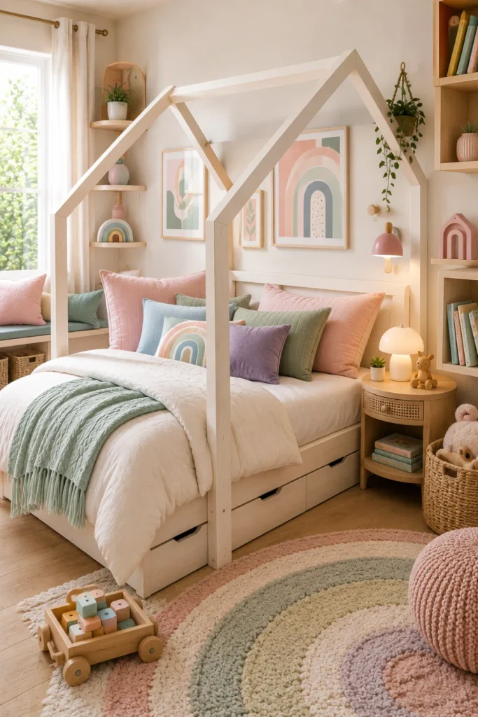 Modern neutral house bed decorated with dusty pink, sage, blue, and lavender accents in a colorful contemporary kids’ room.