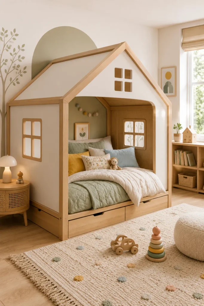 Playful modern house bed with charming window details, neutral colors, colorful accents, and uncluttered contemporary kids’ bedroom styling.