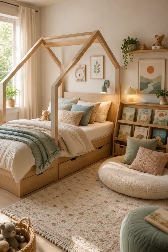 Modern house bed beside a cozy children’s reading nook with bookshelves, cushions, warm lighting, and stylish contemporary decor.