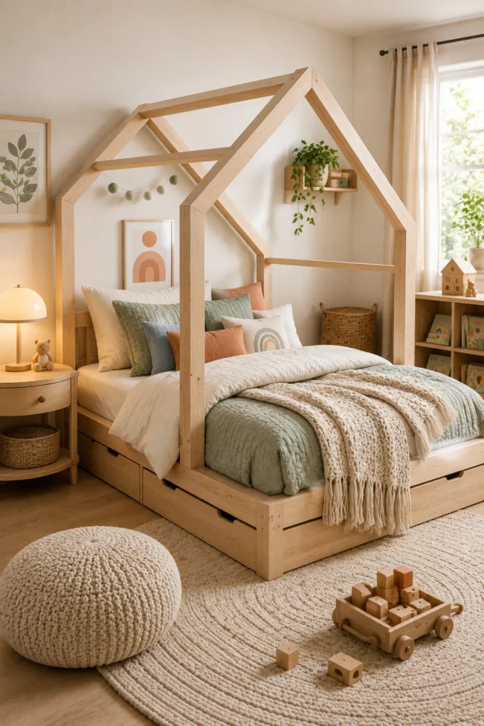 Scandinavian house bed with a pale wood frame, warm bedside lighting, textured neutral bedding, and colorful modern Nordic kids’ room decor.