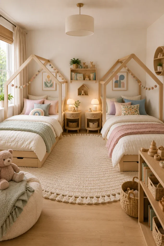Shared modern kids’ bedroom featuring two matching natural-wood house beds, coordinated colorful bedding, smart storage, and chic contemporary decor.