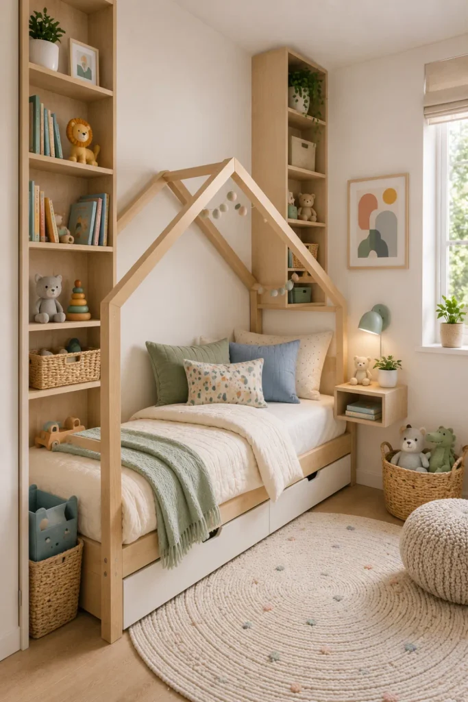 Space-saving modern house bed with vertical shelving, compact storage, colorful accents, and an organized contemporary small kids’ bedroom.